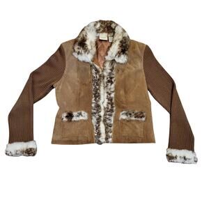 Vintage Kenji Faux Fur Trim Genuine Leather Quilted Jacket Brown Womens Size XL